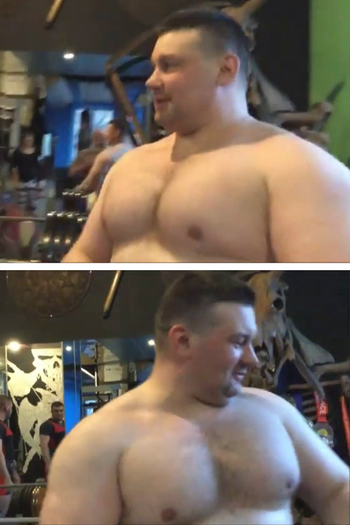 real-thick:Screen captures from this video link. Heavyweight powerlifter putting on a bench shi