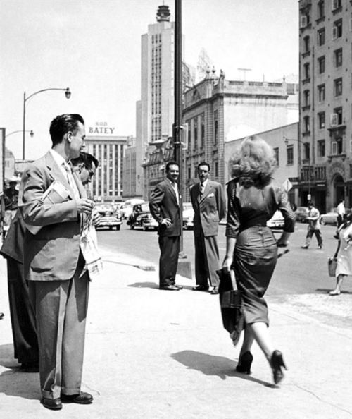 vintageeveryday:Five shots of a woman braving the streets of Mexico City, circa 1950.