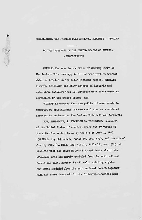 Franklin Roosevelt established the Jackson Hole National Monument in Wyoming 70 years ago today on March 15, 1943. It would later be combined with the Grand Teton National Park in 1950.
“ Presidential Proclamation 2578 of March 15, 1943, by President...