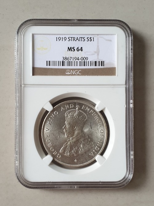 1919 Straits Settlements King &amp; Emperor George V Silver Dollar NGC MS 64 (Rare Population)