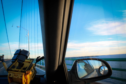 Wall-E loved the view from the Mackinac Bridge. We made it to White Birch Lodge!