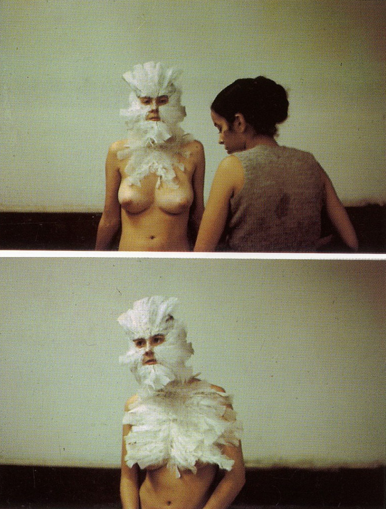 gallowhill: ana mendieta, bird transformation [feathers on a woman], 1972 