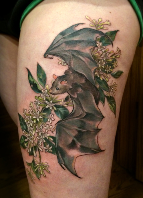 theashcan:A little thigh battoo with some night blooming jasmine.  All flora and fauna all the time!
