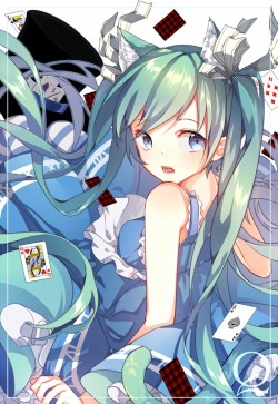 VOCALOID、不思議の国のアリス、初音ミク、クロスオーバー、カード、リボン、ロングヘア、ツインテール、youli、猫耳、獣耳、緑髪、縛られた髪、青い目