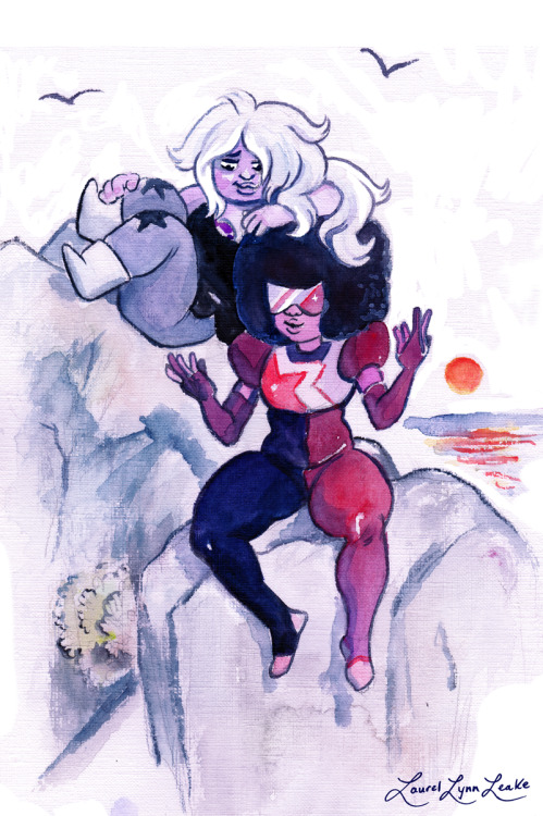 laurellynnleake:  messing around with watercolors on this weird old canvas paper I have … I love their unique relationship, and I really really really want to see more of them together!!!! Amethyst obviously looks up to Garnet and admires her deeply