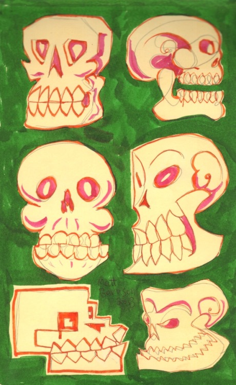 Skulls, skulls!  And MORE skulls!   Yeah, this was what I was doing covertly while the whole “inktober” thing went down. Ink and/or watercolor on paper, 5"x8", Matt Bernson 2013