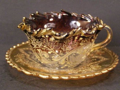 treasures-and-beauty:Moser Enameled Cranberry Bohemian Glass Demitasse Cup and Saucer