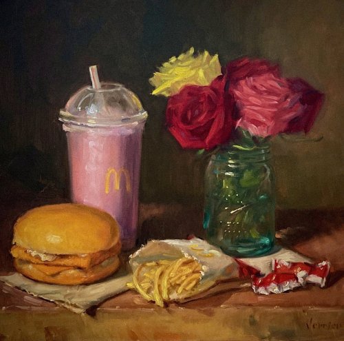vampire-eros:pittipedia:  ‘McDonald’s Filet-O-Fish w/Strawberry Shake &amp; Fries’ by Noah Verrier (2022)     i like the strong use of yellow and the unusually long fries, as it resembles old paintings where it was basically a flex to use lots of