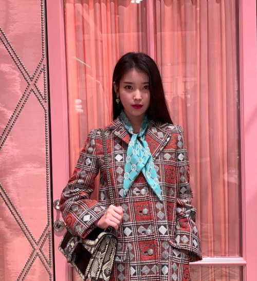 IU wearing GUCCI check GG tweed coat $5,200 AUD on dlwlrma instagram