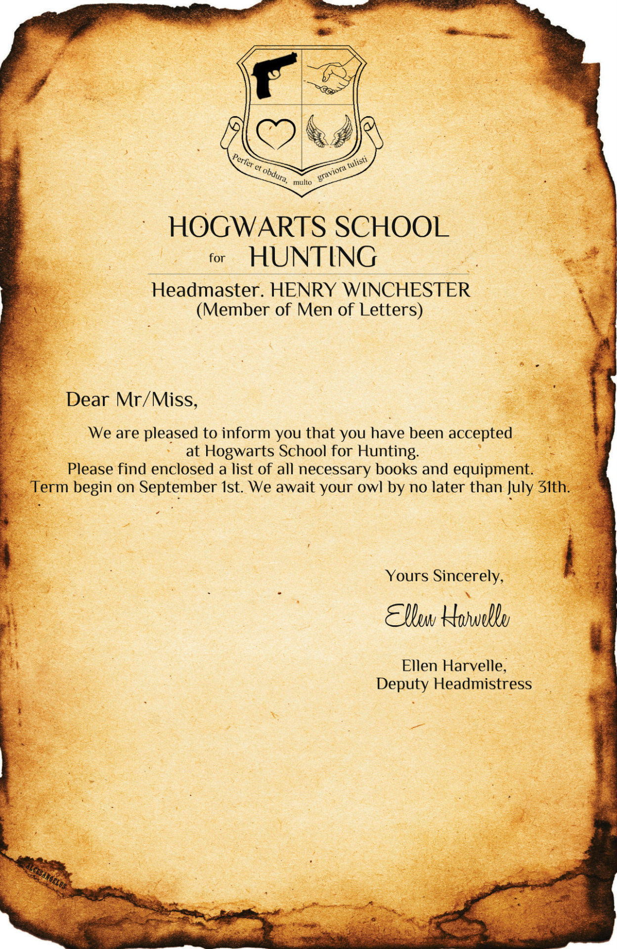  Acceptance Letter to Hogwarts School for Hunting 