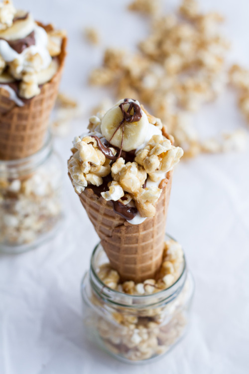 Banoffee + Nutella Greek Yogurt Waffle Cone Parfaits with Cashew Caramel Popcorn