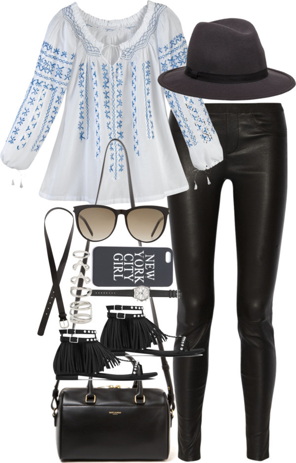 inspired outfit for brunch with friends by whathayleywore featuring black lens sunglasses
Blue peasant top, 33 AUD / Helmut Lang black leather legging, 1 550 AUD / Yves Saint Laurent black flat sandals, 1 330 AUD / Yves Saint Laurent white handbag, 1...