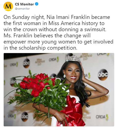 sbrown82:  securelyinsecure:  Miss New York Nia Imani Franklin Has Won the Miss America Pageant  A classical vocalist whose pageant platform is “advocating for the arts,” Franklin sang an operatic selection from the opera La Boheme. She won a โ,000