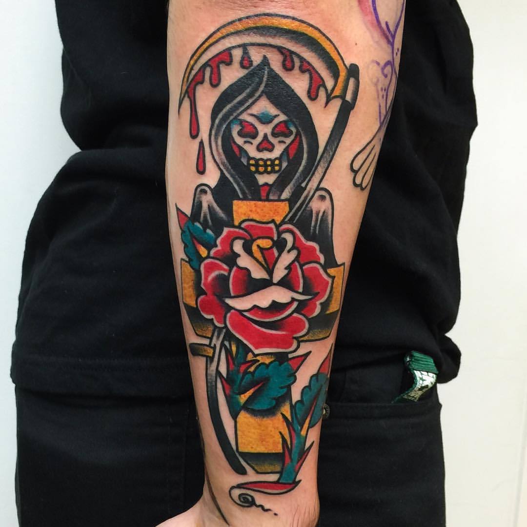 CHRISTIAN OTTO Expert Tattooer — Reaper #traditional #reaper #rose #cross # tattoo...