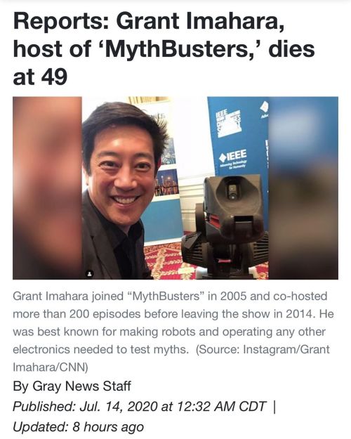 Sad news for old #MythBusters fans. Grant Imahara has passed away. Rest In Peace. #discoverychannel