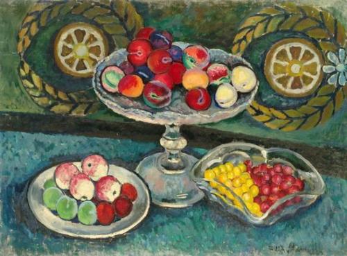 ilya-mashkov: Still life with wreaths, apples and plums, 1914, Ilya Mashkov Medium: oil,canvas