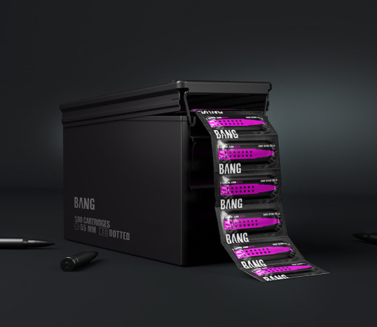 zokione:
“ We created a condom brand BANG and a package design for it. Our challenge was to create the true men’s condoms. We wanted men to feel like real warriors when they buy them. Condoms are their bullets, packages are their clips and sex is...