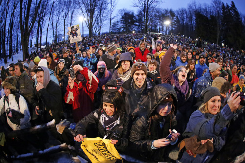 yahoonewsphotos:  Groundhog Day 2015 – Punxsutawney Phil predicts 6 more weeks of winterPunxsutawney Phil, the American groundhog famous for his weather predictions, saw his shadow after emerging from his burrow atop  Gobbler’s Knob in Pennsylvania