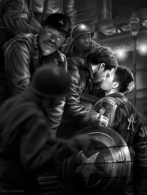 petite-madame:  Wish me luck, Cap. Another Steve/Bucky. This one took time *understatement*. I’m glad it’s finally done ♥ (Photoshop CS6 - Paint Tool SAI)