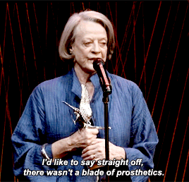 dontbesodroopy:Maggie Smith accepts her Evening Standard Best Actress award for The Lady in the Van 