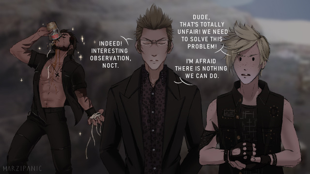 Ignis: Indeed! Interesting observation, Noct. Prompto: Dude, that's totally unfair! We need to solve this problem! Ignis: I'm afraid there is nothing we can do.