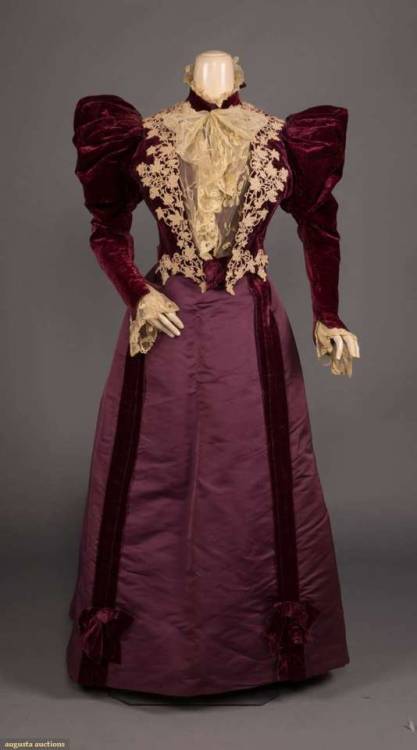 BURGUNDY SILK, VELVET & LACE VISITING DRESS, c. 1894-18952-pc visiting dress in burgundy satin &