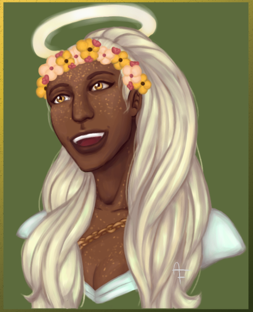 afoolarts:[Image Description: A portrait of a smiling woman with gold eyes, warm brown skin, and gol