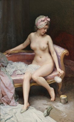 totallysafeforworkart: After the Bath (Female Nude) (Raimundo de Madrazo y Garreta, C.1895) Raimundo de Madrazo y Garreta was a late 19th, to 20th century Spanish artist who primarily worked in the  Realistic style; although his later work shows signs