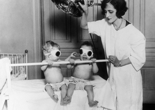 biomedicalephemera:  Babies From Space …ok, just babies in a sun-bed. These babies in an orphanage are getting a sun-bath, which was once a common procedure during the winter months in order to stave off vitamin D deficiency in those who couldn’t