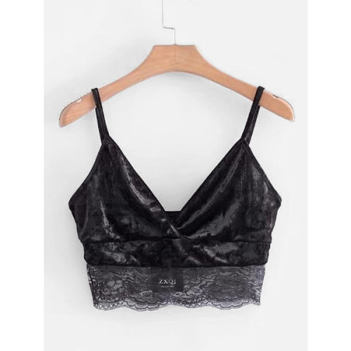 Lace Hem Velvet Crop Cami Top ❤ liked on Polyvore (see more lace camisoles)