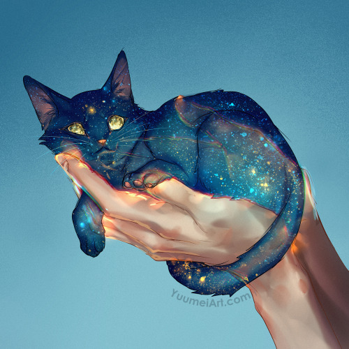 yuumei-art:Void cat but space, with moon for eyes~