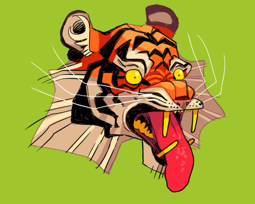 notmusa:tiger tiger[ID: two bold, detailed digital illustrations of angular tiger heads, their yello