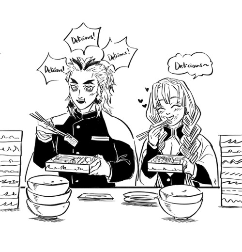 Rengoku-san and Kanroji-san (eating a restaurant to bankrupcy).