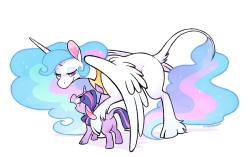 ponydreaming:  a large white winged unicorn regards a small purple unicorn with motherly affection  D'awww~! &lt;3