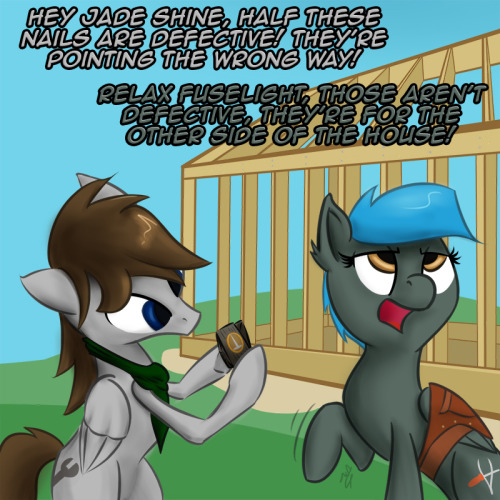 ask-jade-shine:  askpun:  This is why you don’t hire repair ponies for construction jobs! You should check out those two fix-it specialists at Ask Fuselight and Ask Jade Shine! Artwork by ManjaroScript #589  Geez Fuselight, you’re such a dummy. 