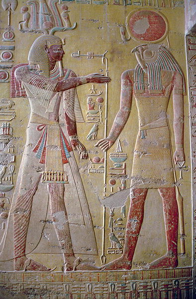 Merneptah Being Greeted by Ra-HorakhtyRelief depicting the pharaoh Merneptah being greeted by the su