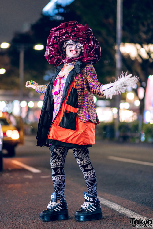 Japanese fashion designer TKM Freedom on the street in Harajuku wearing handmade and remake fashion 