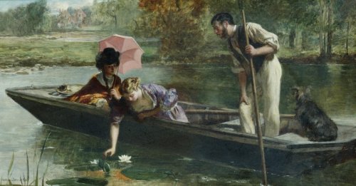 Marcus Stone (British, 1840-1921) Picking waterlillies (A Pleasant Spot on the Thames).