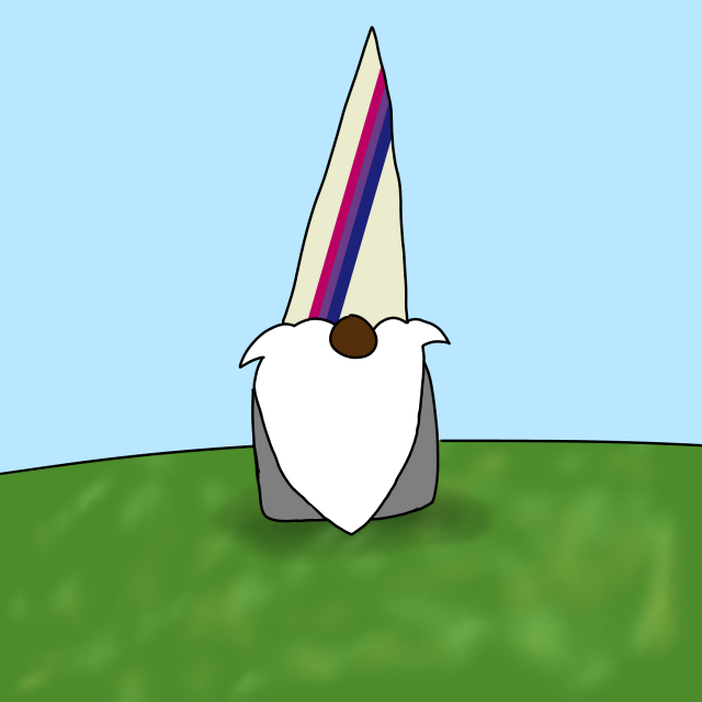 A digitally drawn gnome with a pride flag on its hat. The gnome has a long white beard. It sits on a grassy bed with a blue sky behind him