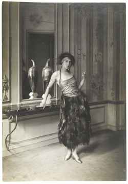 design-is-fine:  Denise Poiret by Delphi, wearing the Mythe dress, 1919 © Galliera / Roger-ViolletThe wife of fashion designer Paul Poiret in the salon of the fashion house. Behind her is Brancusi’s sculpture Bird. Muse as well as model, Denise was