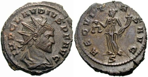 Roman coin with images of emperor Claudius Gothicus and Aequitas, goddess of fair trade and honest m