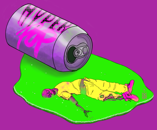 a drawing of a spilled can of soda with a figure laying in the puddle. The soda can is purple-gray with the logo "Hyper Pop." It has spilled a large puddle of bright green liquid, in which lays a half-dissolved corpse. Its exposed skull and other exposed bones are hot pink, with smudges and smears of bright green where they touch the liquid. The intact parts of its body look blotchy and rotten. The body is wearing a yellow t shirt with an outline of two flowers on it, and a pair of yellow jeans and hot pink tennis shoes. The yellow shirt and pants are partially decayed where they come into contact with the liquid. On the right side of the puddle is the artist's signature, which are a stylized J, D, and M inside the outline of a Jack Daniels liquor bottle.