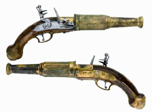 A pair of Dutch flintlock flare guns by De Meyer of Utrecht, circa 1730.