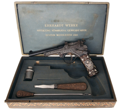 A cased and engraved Mannlicher Model 1901 semi-automatic pistol owned by Ottoman Sultan Abdulhamid 