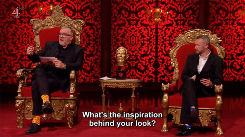 [ID: Three screencaps from Taskmaster. Greg Davies says to Mike Wozniak, “What’s the inspiration beh