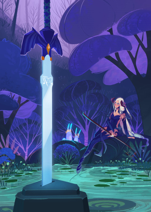 truffeart: Concept of Zelda in the Sacred Woods, guarding the Master Sword and chilling with bunnies