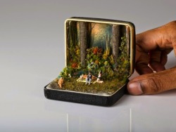 cathoderayministry:jedavu:  Spectacularly Detailed Dioramas Hidden Inside Vintage Ring Boxes  In Toronto-based artist Talwst’s dioramas, antique ring boxes become tiny theaters where spectacularly detailed scenes unfold on a miniature scale.     These