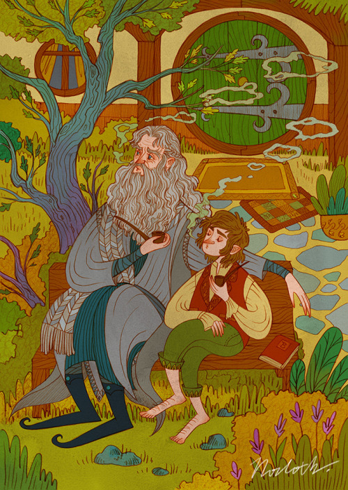 norloth:A commissioned drawing of Gandalf and Bilbo smoking pipes. :)