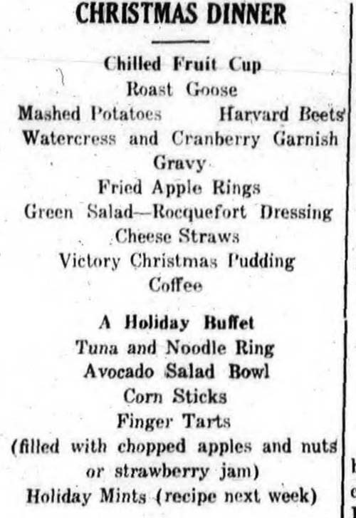 Menu Monday: A suggested Christmas dinner menu from the Princeton Herald, December 17, 1943. Rationi