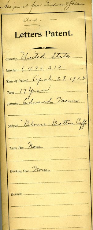  #ThrowbackThursday from the JMM Collections: Letters Patent for “Blouse-Bottom Cuffs” awarded to Ed